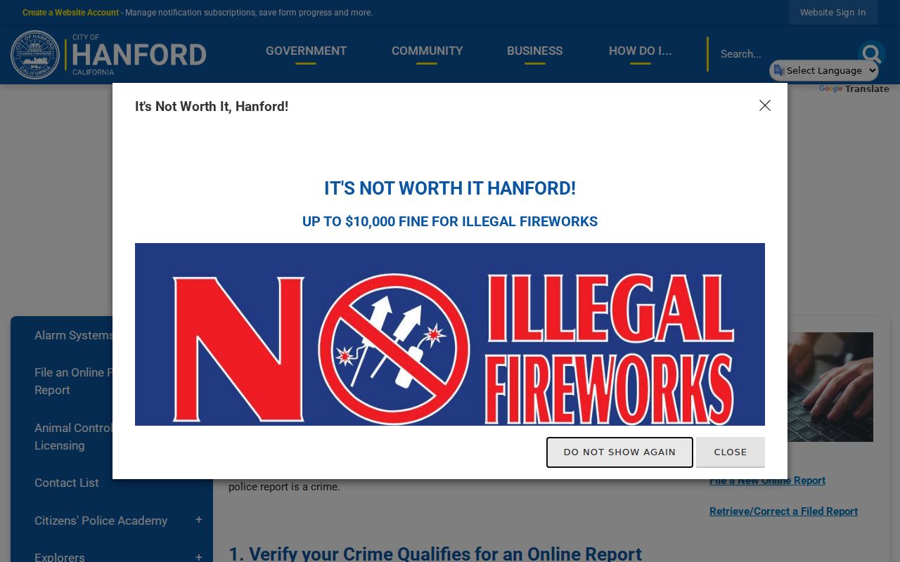 Hanford online police report retrieval and correction portal