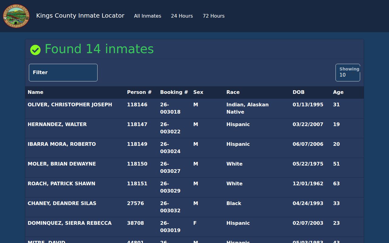 Kings County Inmate Locator 24-hour booking interface