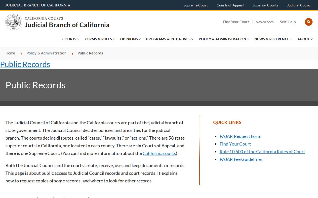 California Judicial Branch public court records guidance