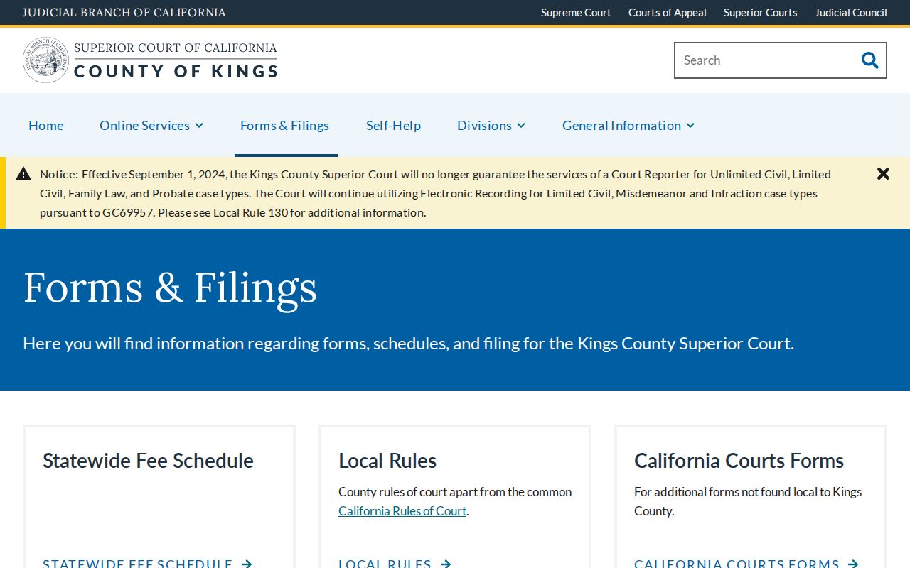 Kings Superior Court forms and filings page