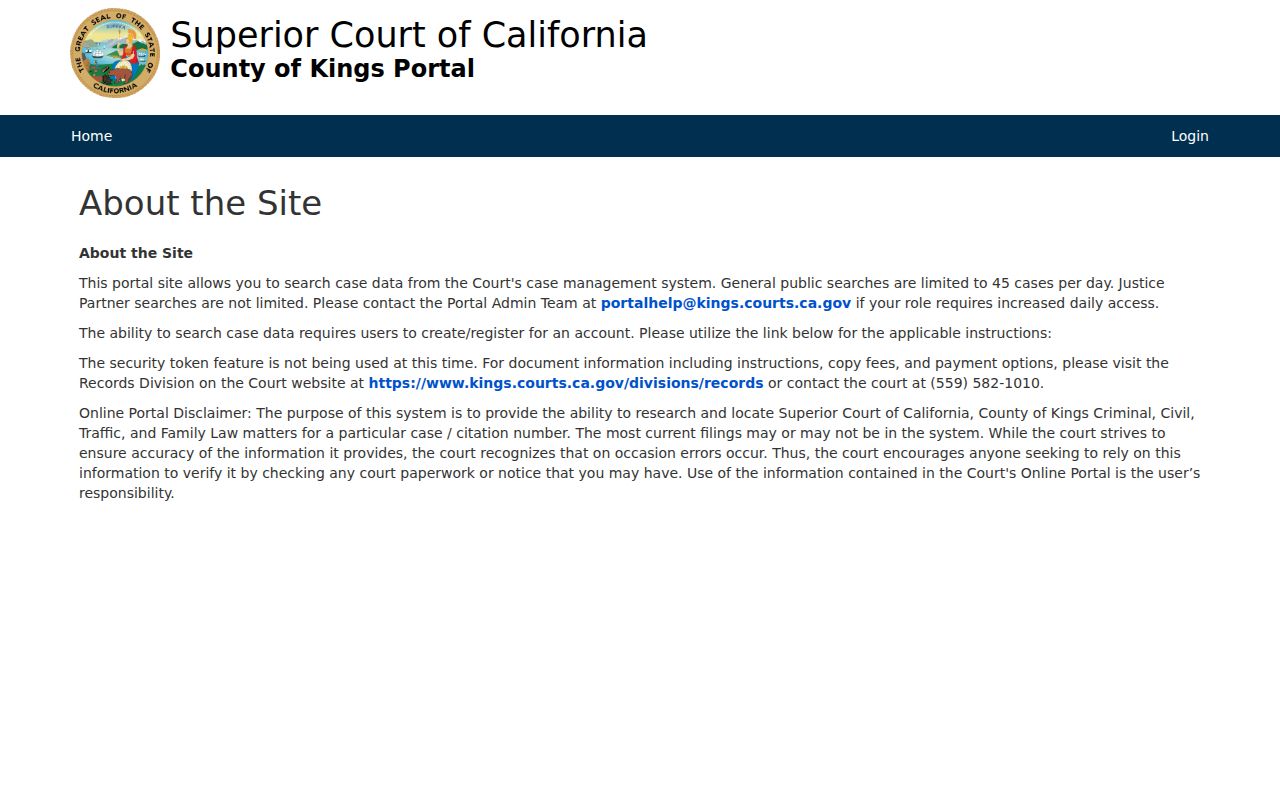 Kings Superior Court portal information and public search limits