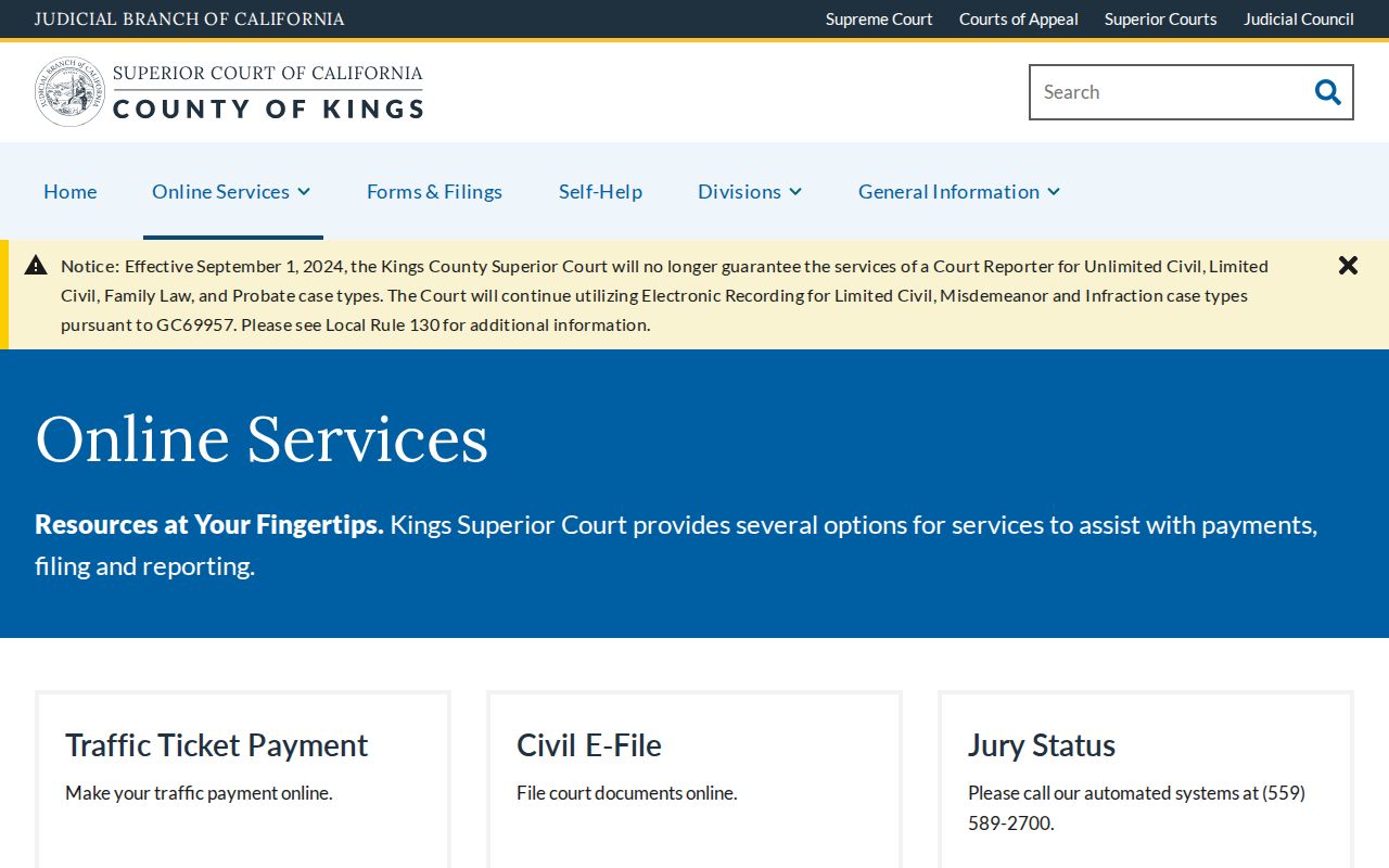 Kings Superior Court online services and Case Index Search links