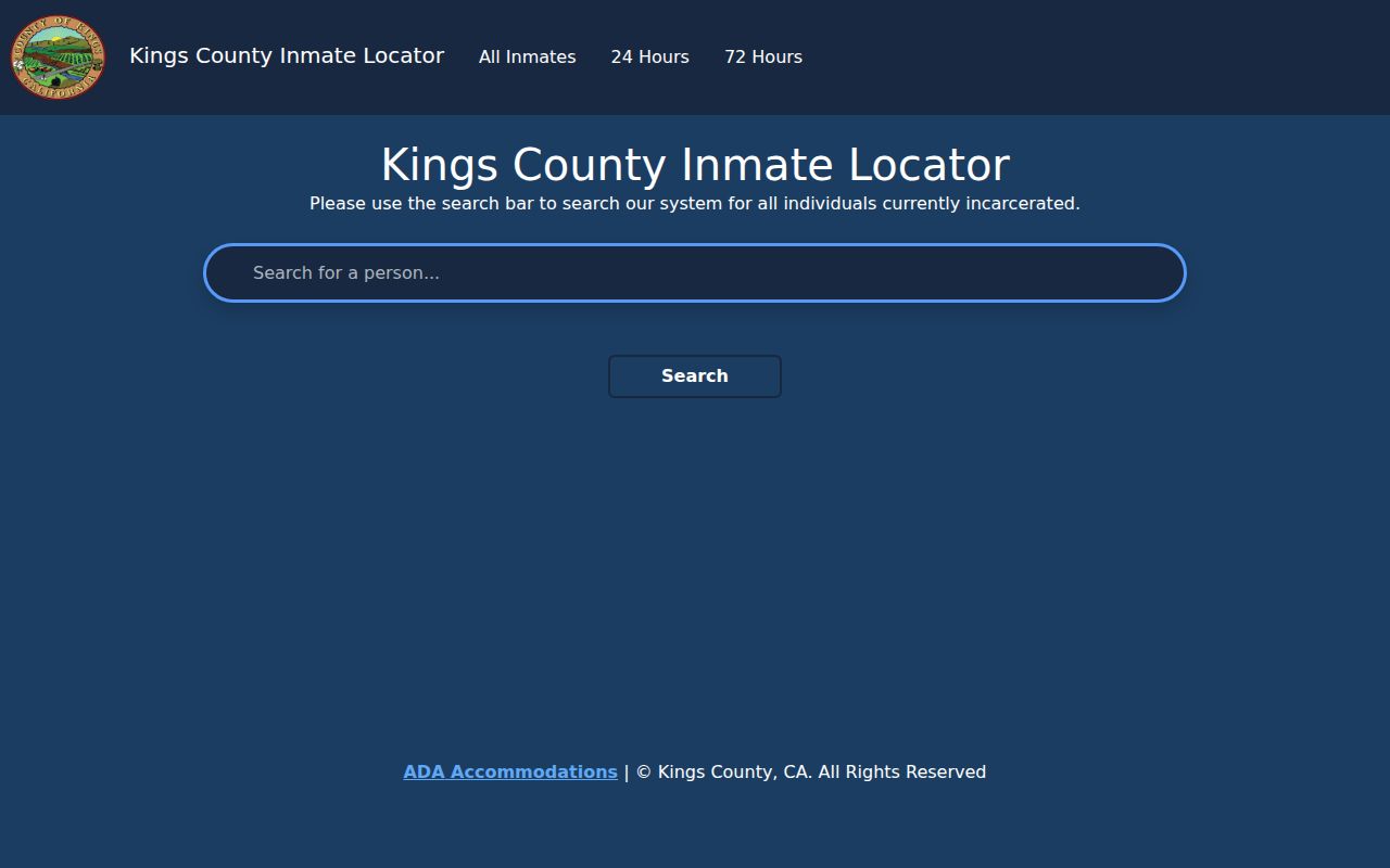 Kings County Inmate Locator search with recent booking tabs