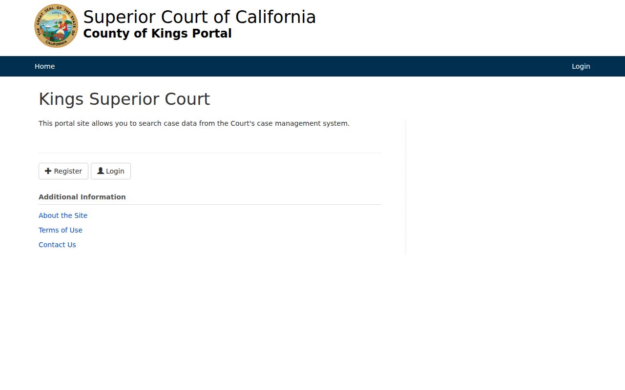 Kings Superior Court public portal login and registration screen