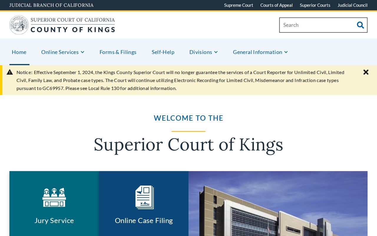 Kings Superior Court homepage and Hanford courthouse information