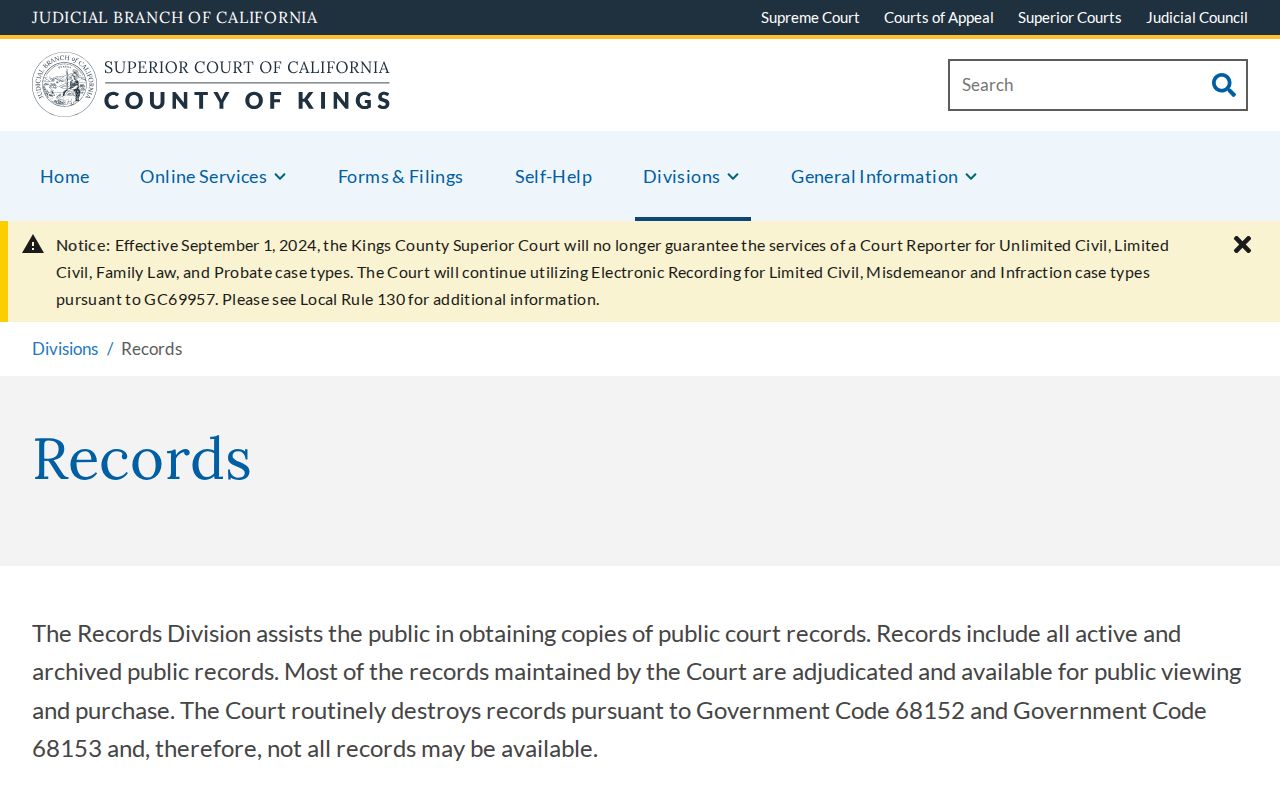 Kings Superior Court Records Division copy and search information